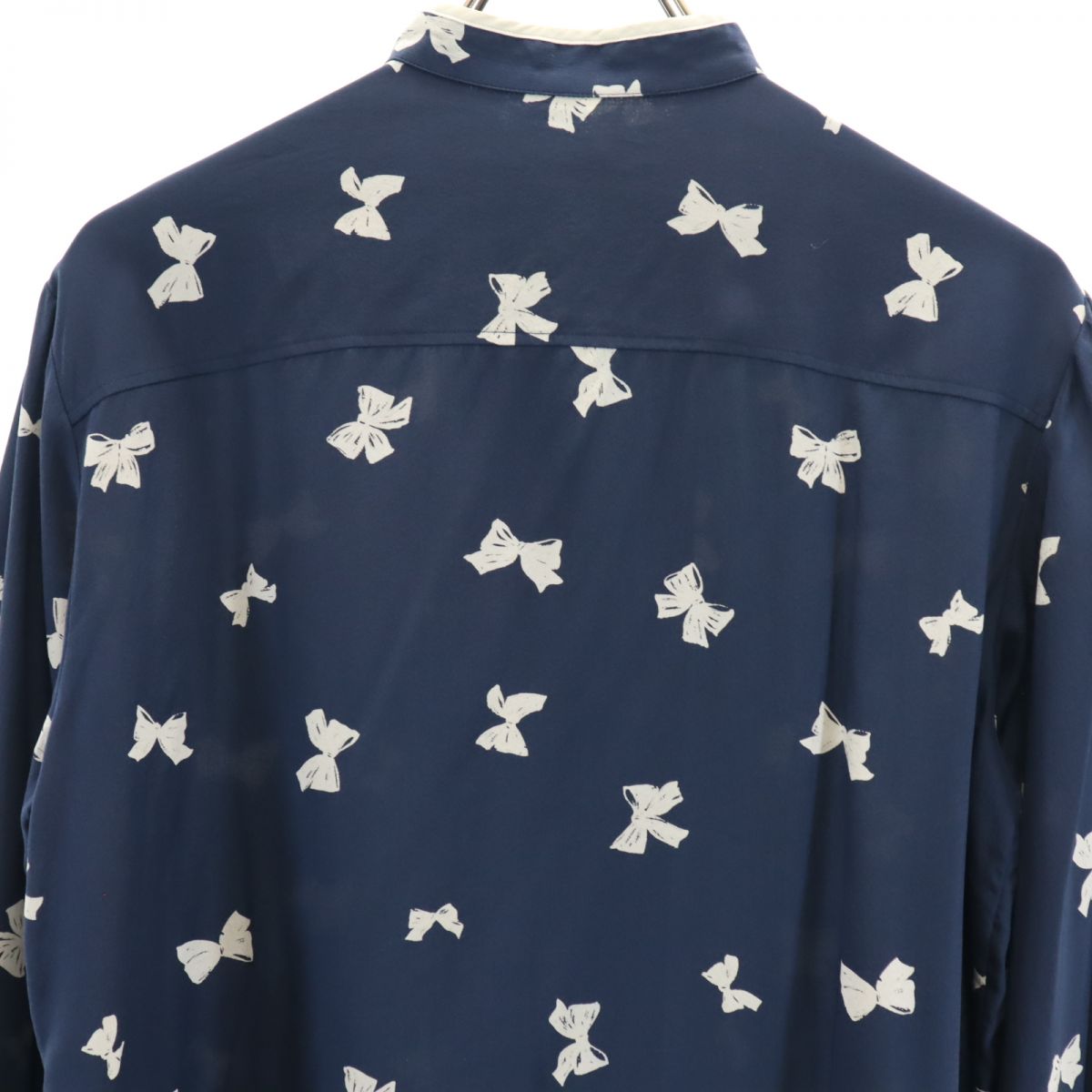 セリーヌ シルク100% オールド リボン柄 長袖 シャツ 40 ネイビー系 CELINE レディース