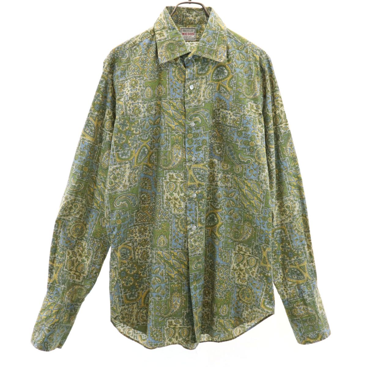 80s 90s オールド 総柄 長袖 シャツ グリーン系 メンズ