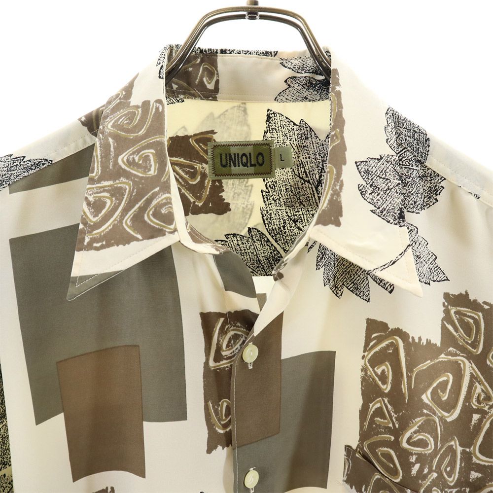 UNIQLO ユニクロ 総柄 長袖 サテン シャツ L アイボリー系 メンズ