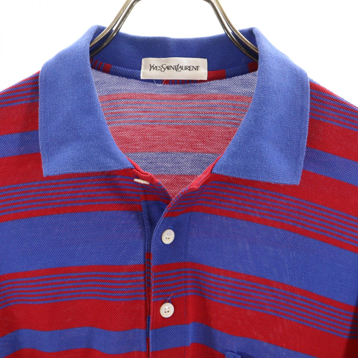 YVES SAINT LAURENT イヴサンローラン 日本製 ボーダー柄 半袖 ポロシャツ LA 赤×ネイビー 鹿の子地 メンズ