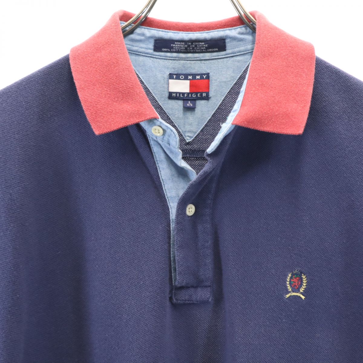 TOMMY HILFIGER トミーヒルフィガー 90s オールド フラッグタグ 半袖 バック刺繍 ポロシャツ L ネイビー系 鹿の子 メンズ
