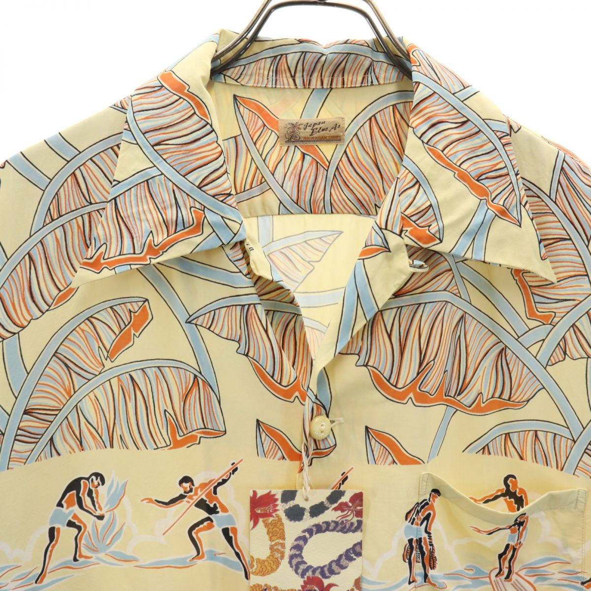 Japan Blue Ae ジャパンブルーアイ 未使用 日本製 総柄 半袖 アロハシャツ L イエロー オープンカーラー 開襟 タグ付き メンズ