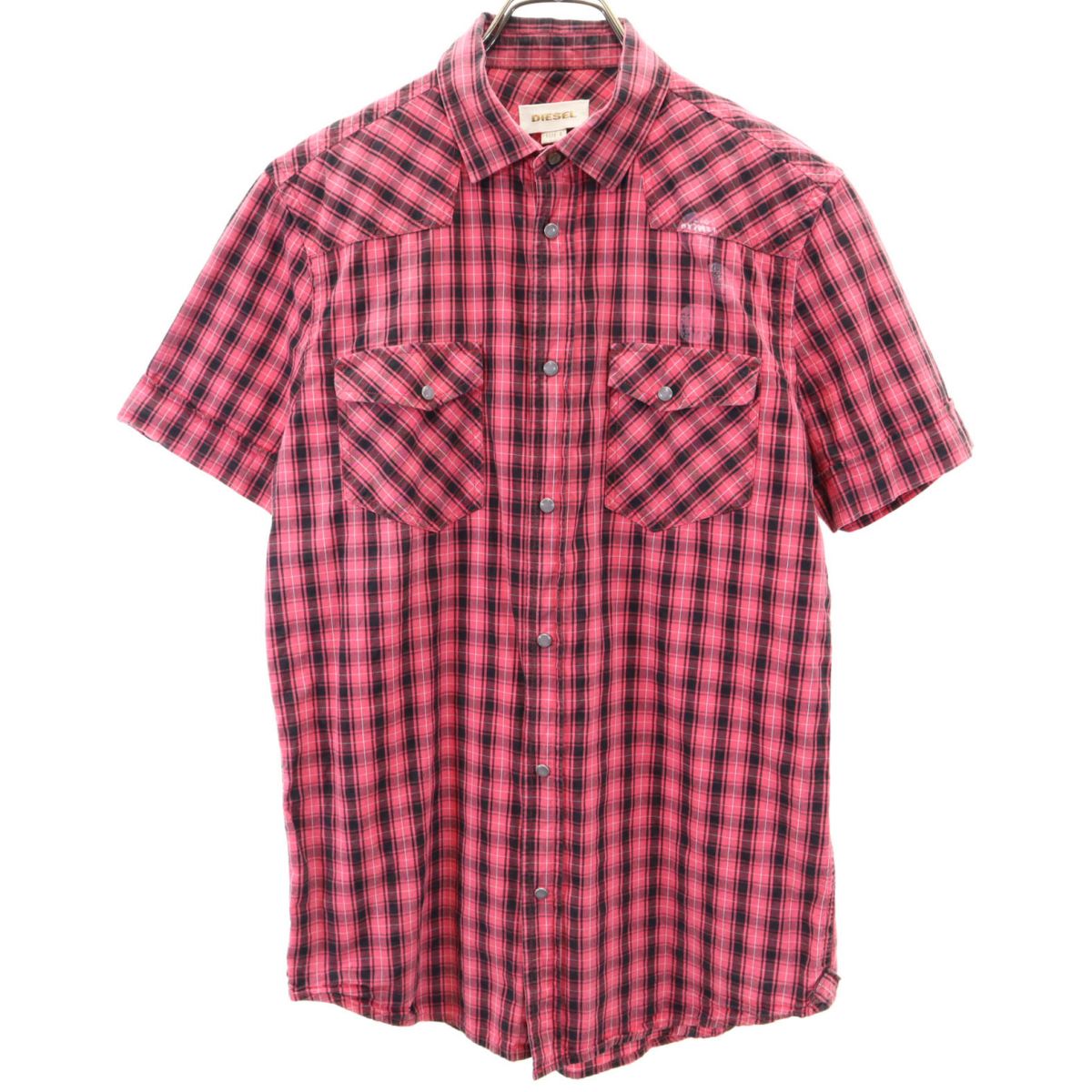DIESEL ディーゼル チェック柄 バックプリント 半袖 ウエスタンシャツ S ピンク メンズ