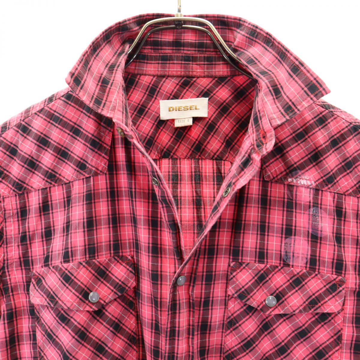 DIESEL ディーゼル チェック柄 バックプリント 半袖 ウエスタンシャツ S ピンク メンズ