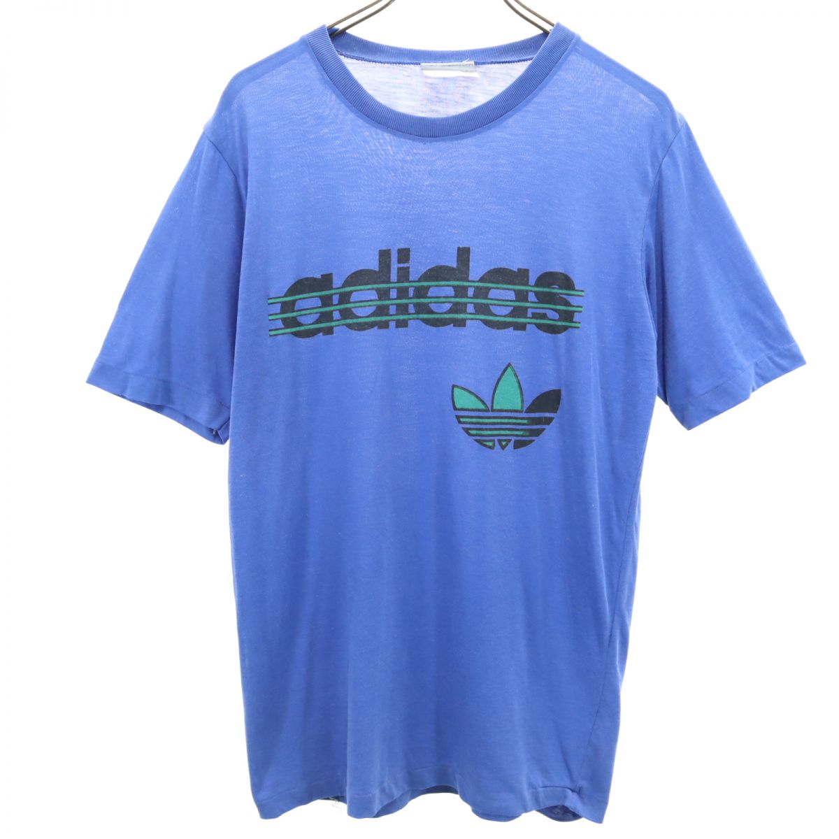 adidas アディダス 80s オールド プリント トレフォイルロゴ 半袖 Tシャツ XL ブルー メンズ