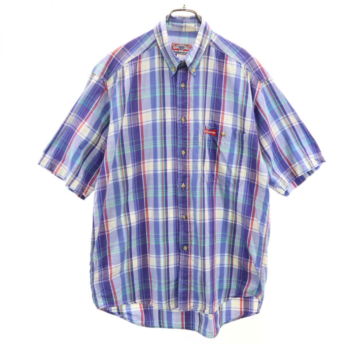 Budweiser バドワイザー 80s 90s オールド チェック 半袖 ボタンダウンシャツ L ブルー系 メンズ