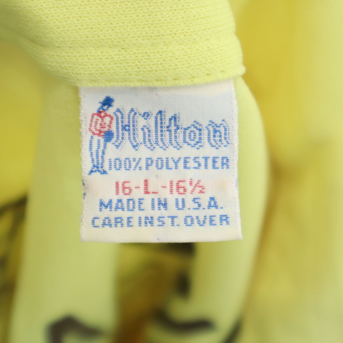 ヒルトン 70s USA製 ヴィンテージ バックプリント ストライプ地 半袖 ポロシャツ L イエロー Hilton 刺繍 メンズ