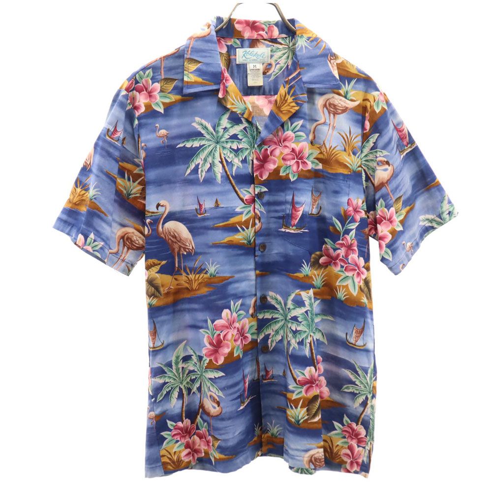 Kolekole 80s 90s ハワイ製 オールド 総柄 半袖 アロハシャツ M ブルー系 開襟 メンズ