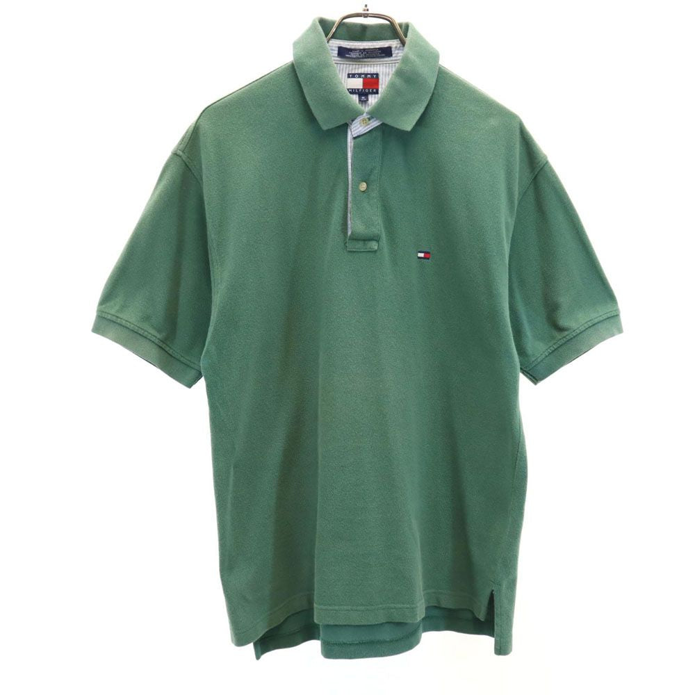 トミーヒルフィガー 90s フラッグタグ オールド 半袖 ポロシャツ M グリーン TOMMY HILFIGER 鹿の子 メンズ