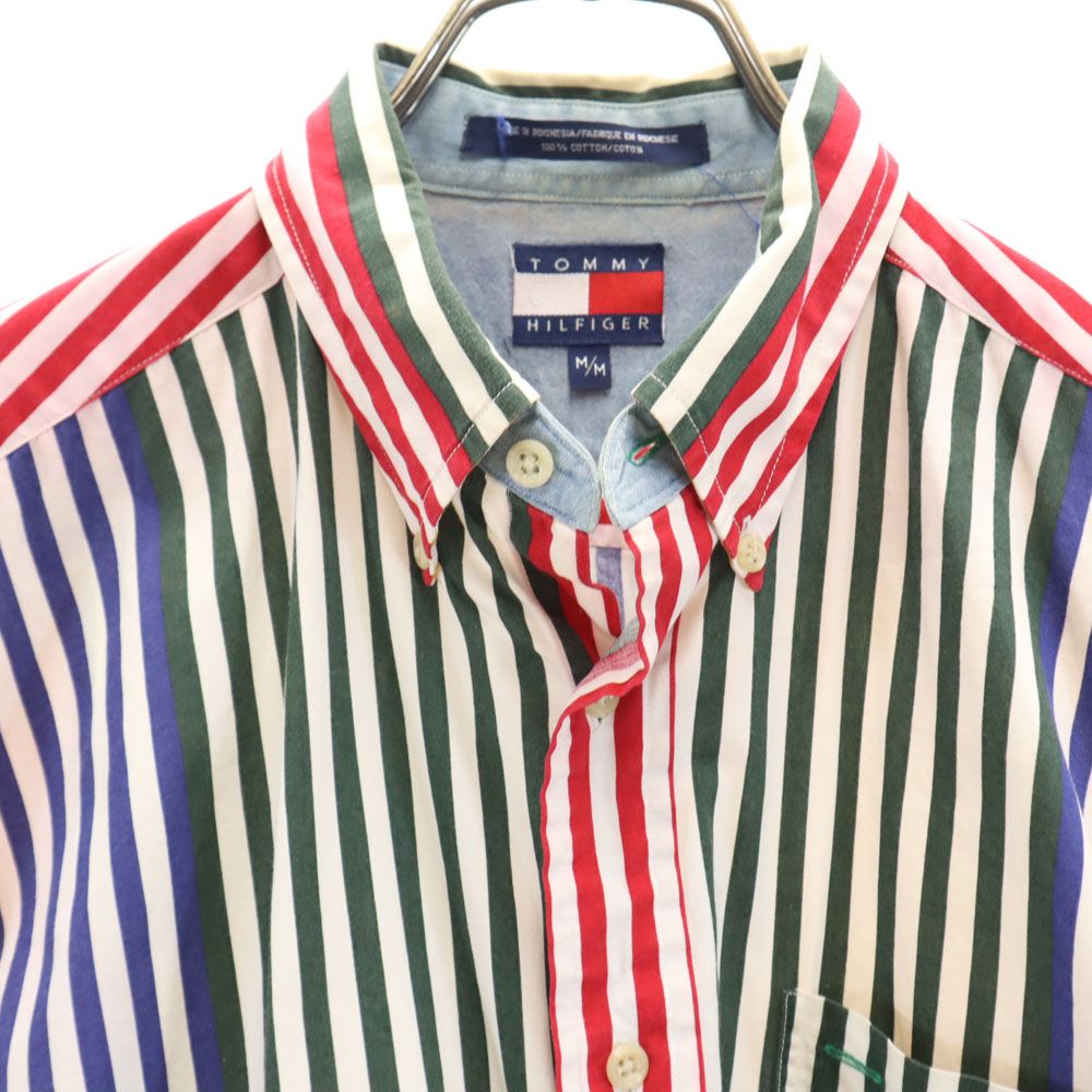 TOMMY HILFIGER トミーヒルフィガー 90s オールド フラッグタグ ストライプ 半袖 ボタンダウンシャツ M メンズ