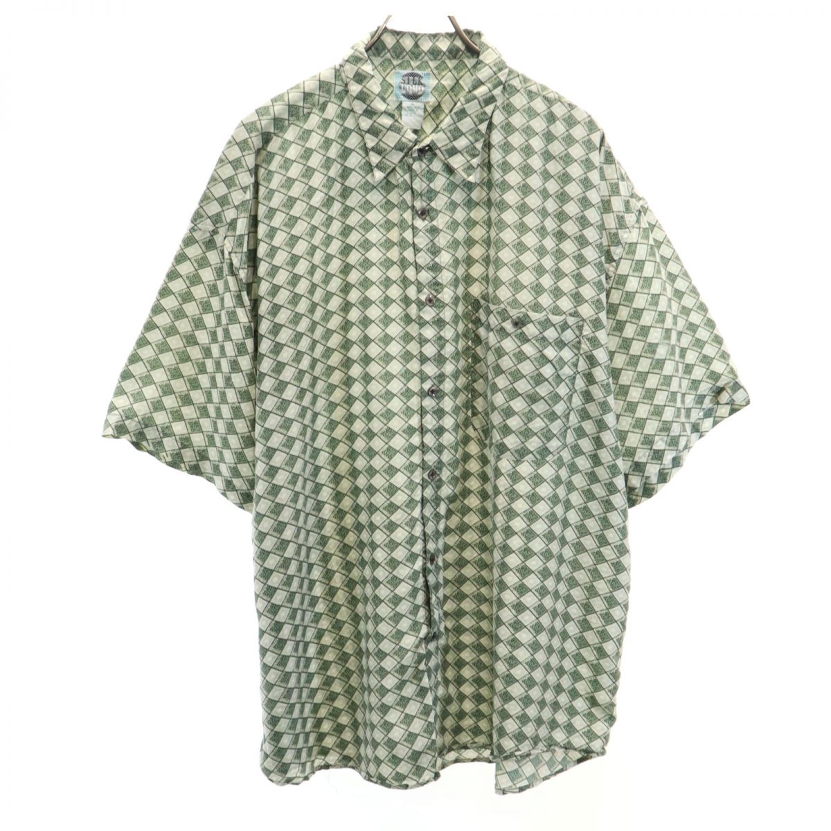 SILKUOMO 90s シルク100% オールド 総柄 半袖 シャツ XL グリーン系 メンズ