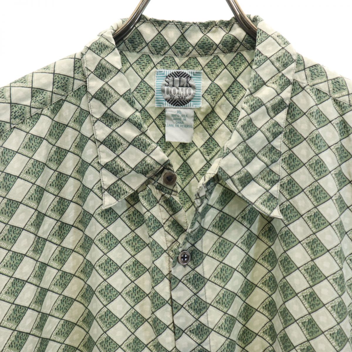 SILKUOMO 90s シルク100% オールド 総柄 半袖 シャツ XL グリーン系 メンズ