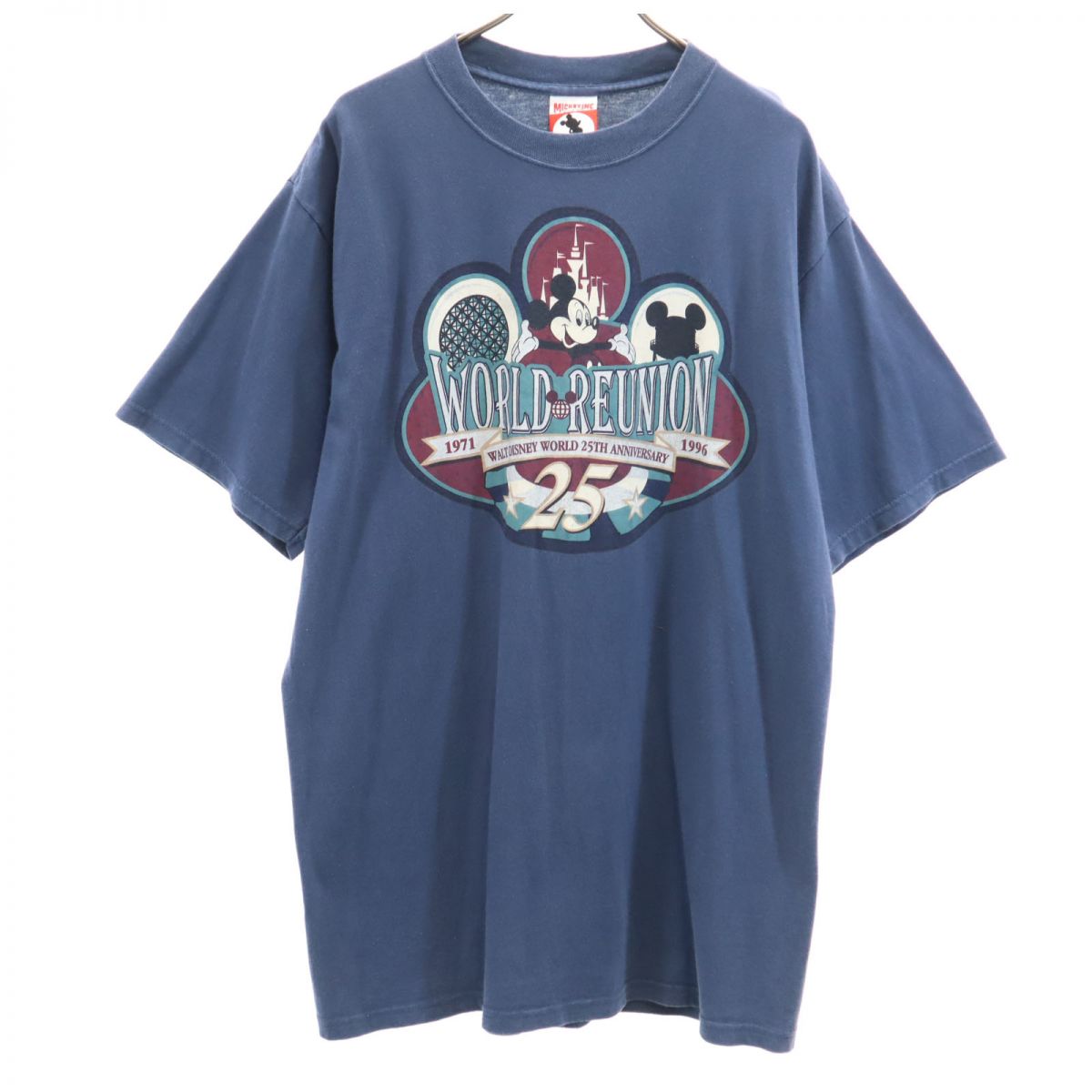 MICKEY,INC 90s USA製 オールド 半袖 ディズニーワールド 25周年記念 Tシャツ L ネイビー ミッキー ミッキーマウス メンズ