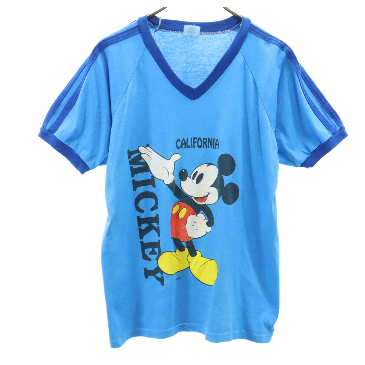 Velva Sheen ベルバシーン 90s USA製 オールド リンガー 半袖 Vネック Tシャツ L 青系 ミッキーマウス メンズ