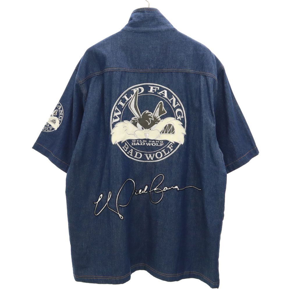 ワイルドファングバッドウルフ 刺繍 半袖 フロントジップ デニムジャケット L ネイビー fa WILD FANG BAD WOLF メンズ