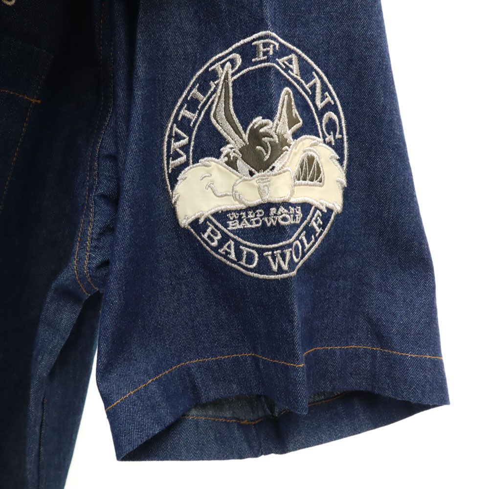 ワイルドファングバッドウルフ 刺繍 半袖 フロントジップ デニムジャケット L ネイビー fa WILD FANG BAD WOLF メンズ