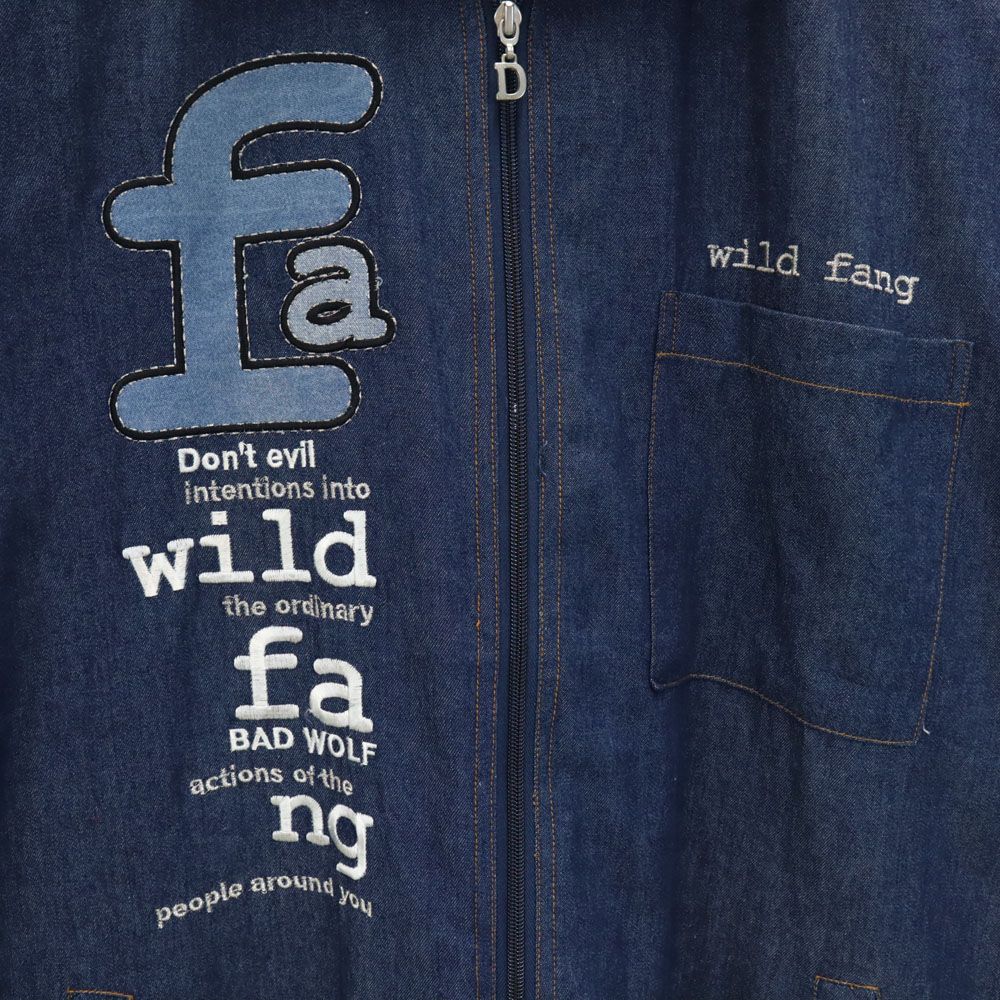 ワイルドファングバッドウルフ 刺繍 半袖 フロントジップ デニムジャケット L ネイビー fa WILD FANG BAD WOLF メンズ
