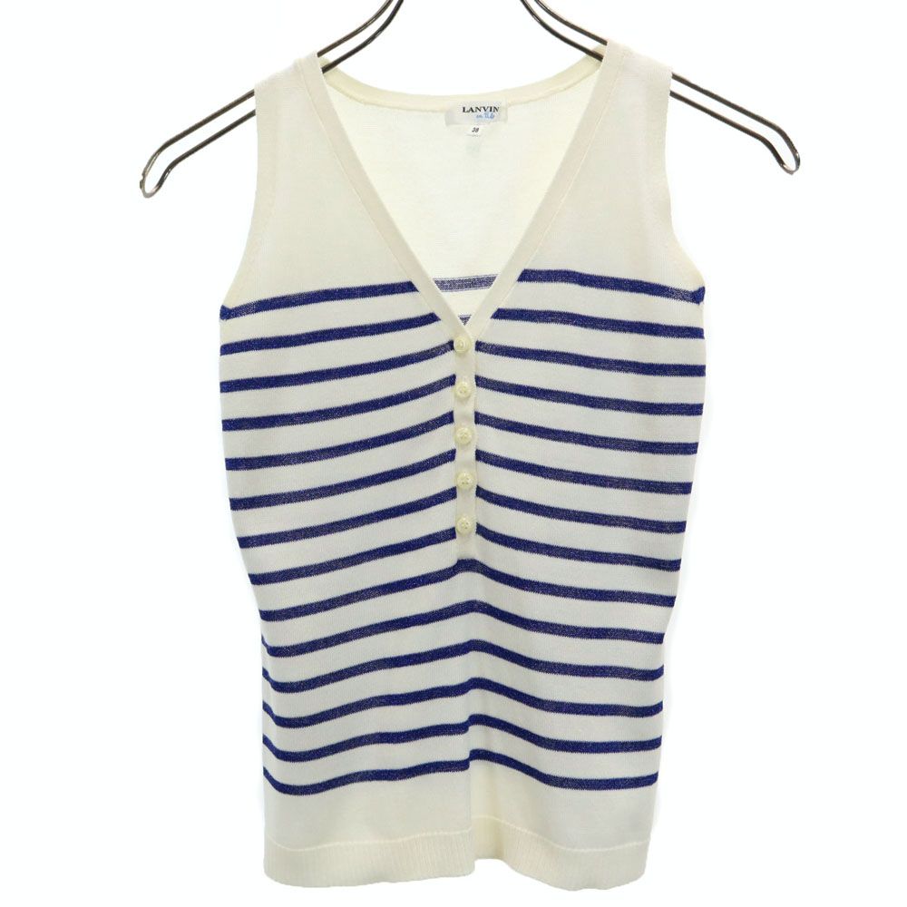 LANVIN en Bleu ランバンオンブルー ラメ ボーダー柄 ノースリーブ ハーフボタン ニット 38 ホワイト×ブルー レディース