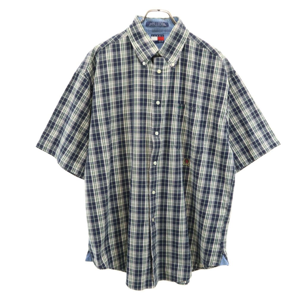 TOMMY HILFIGER トミーヒルフィガー 90s オールド フラッグタグ チェック 半袖 ボタンダウンシャツ L ネイビー系 メンズ