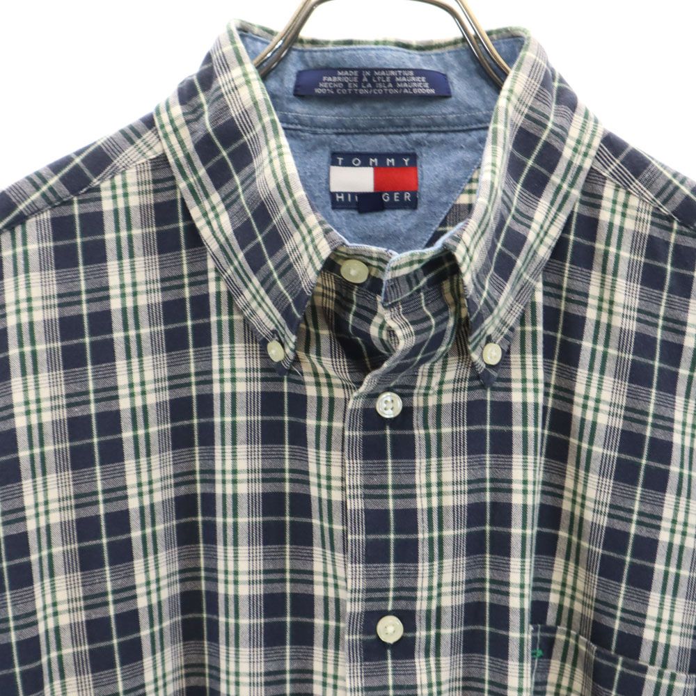 TOMMY HILFIGER トミーヒルフィガー 90s オールド フラッグタグ チェック 半袖 ボタンダウンシャツ L ネイビー系 メンズ