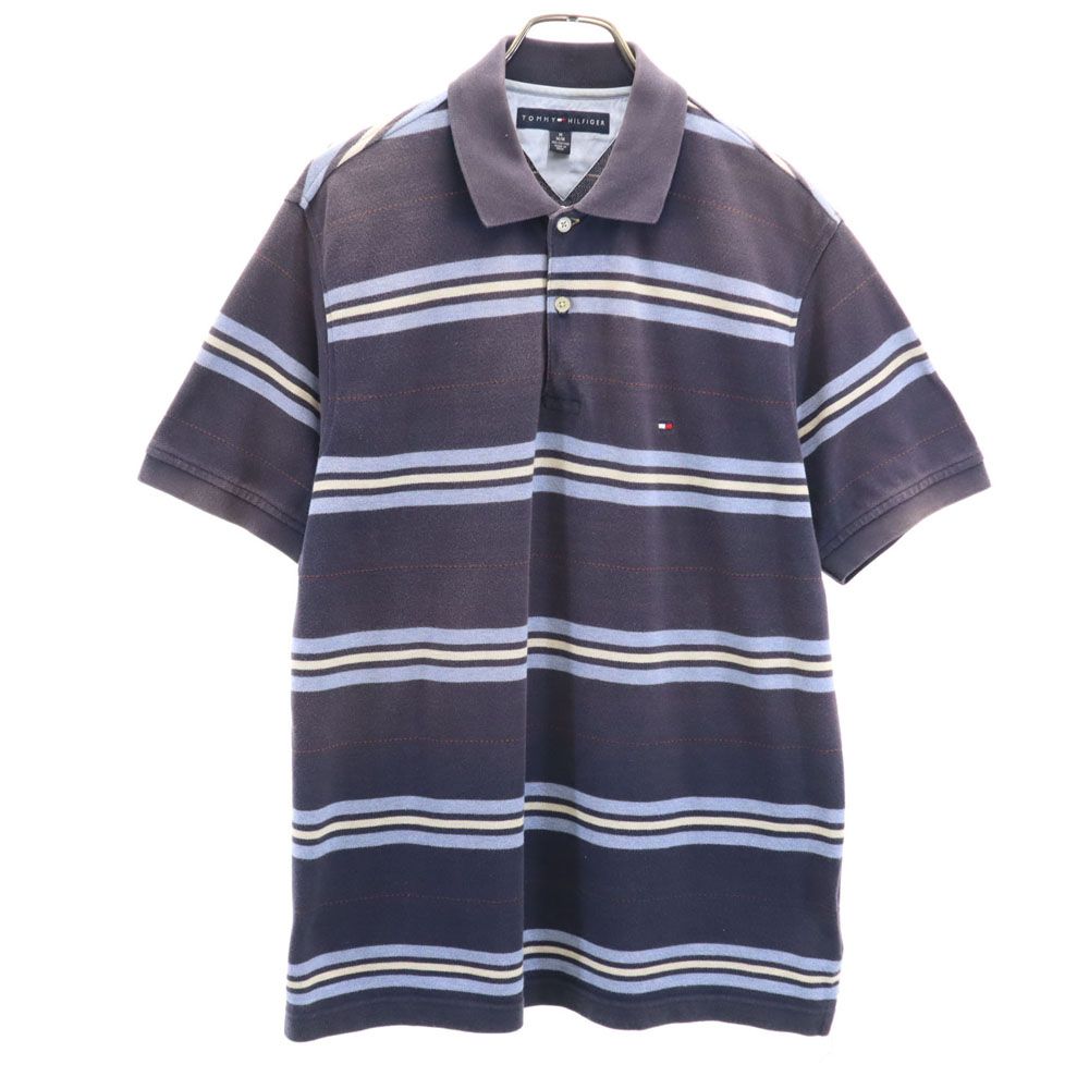 トミーヒルフィガー ボーダー 半袖 ポロシャツ M ネイビー TOMMY HILFIGER 鹿の子 メンズ