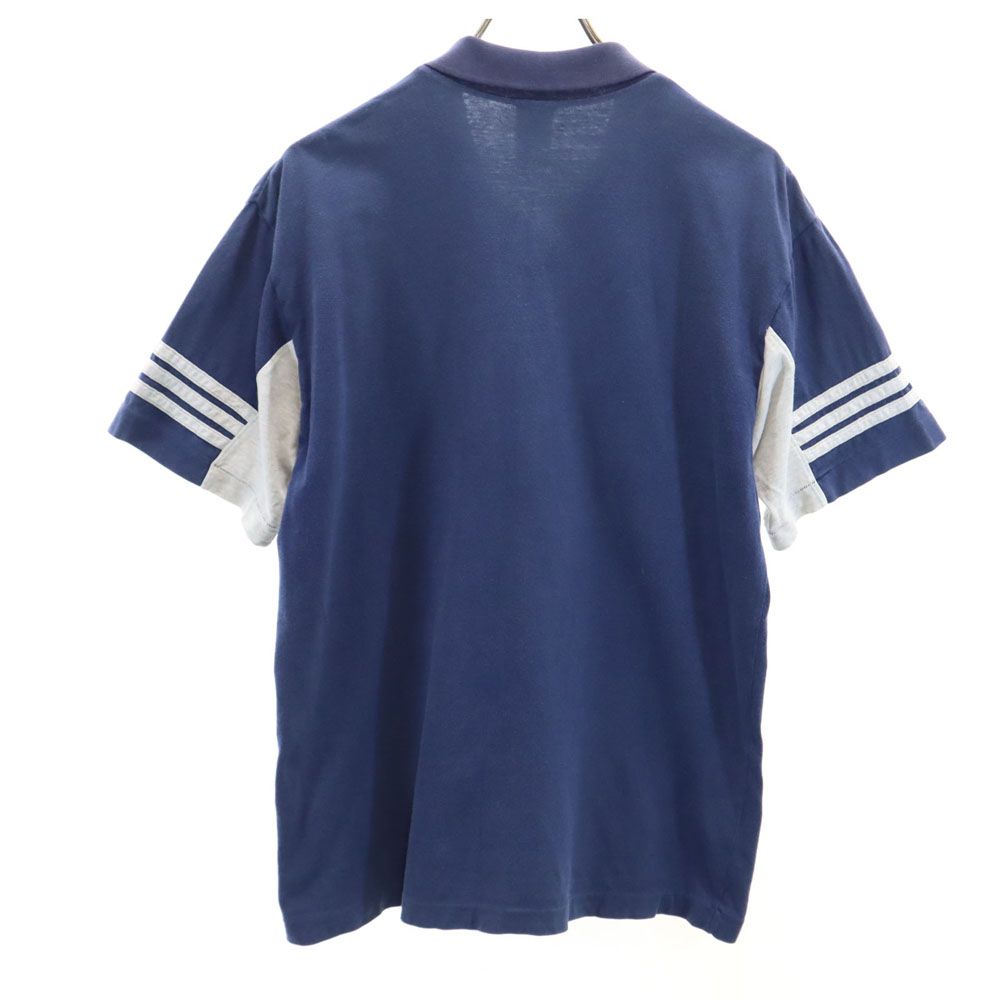 アディダス 90s デサント製 AMT-6600 オールド プリント 半袖 スキッパー ポロシャツ M-L ネイビー系 adidas メンズ