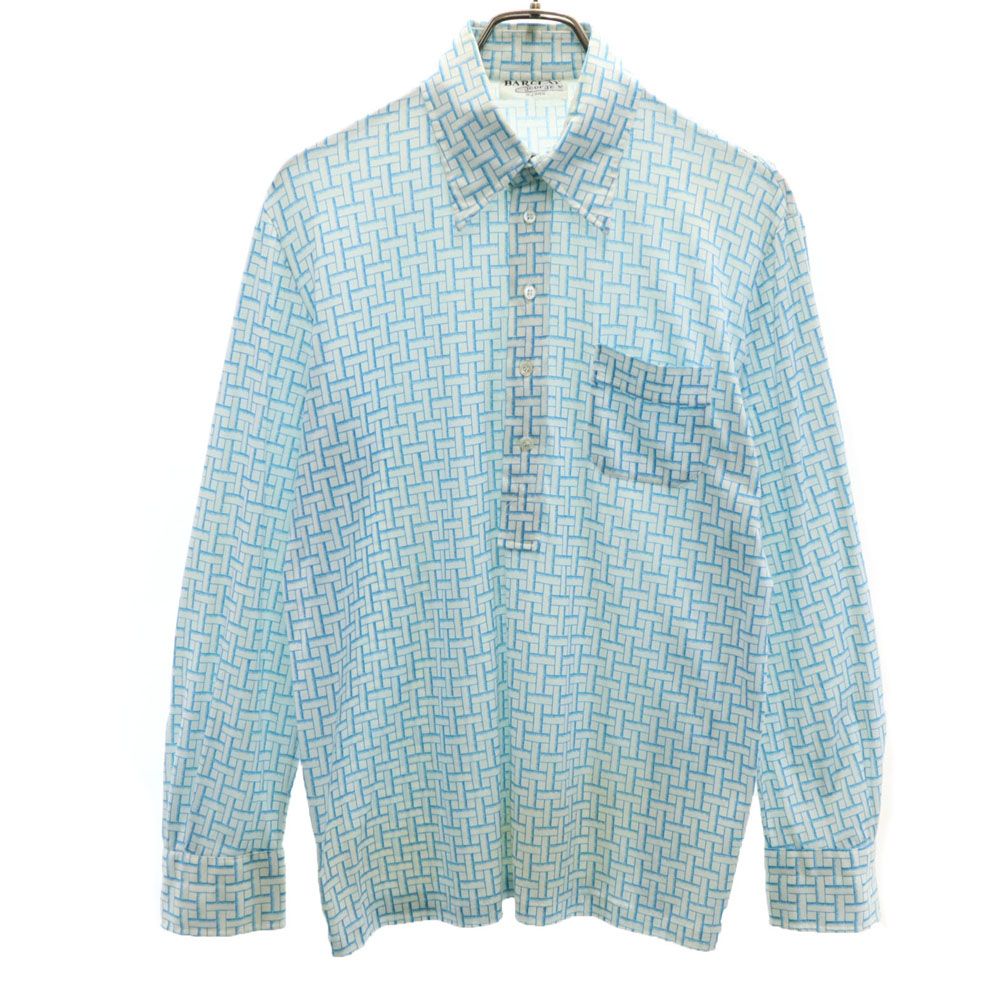 BARCLAY 3'eor3'ev 70s オールド 総柄 長袖 ハーフボタン シャツ ホワイト×ブルー メンズ