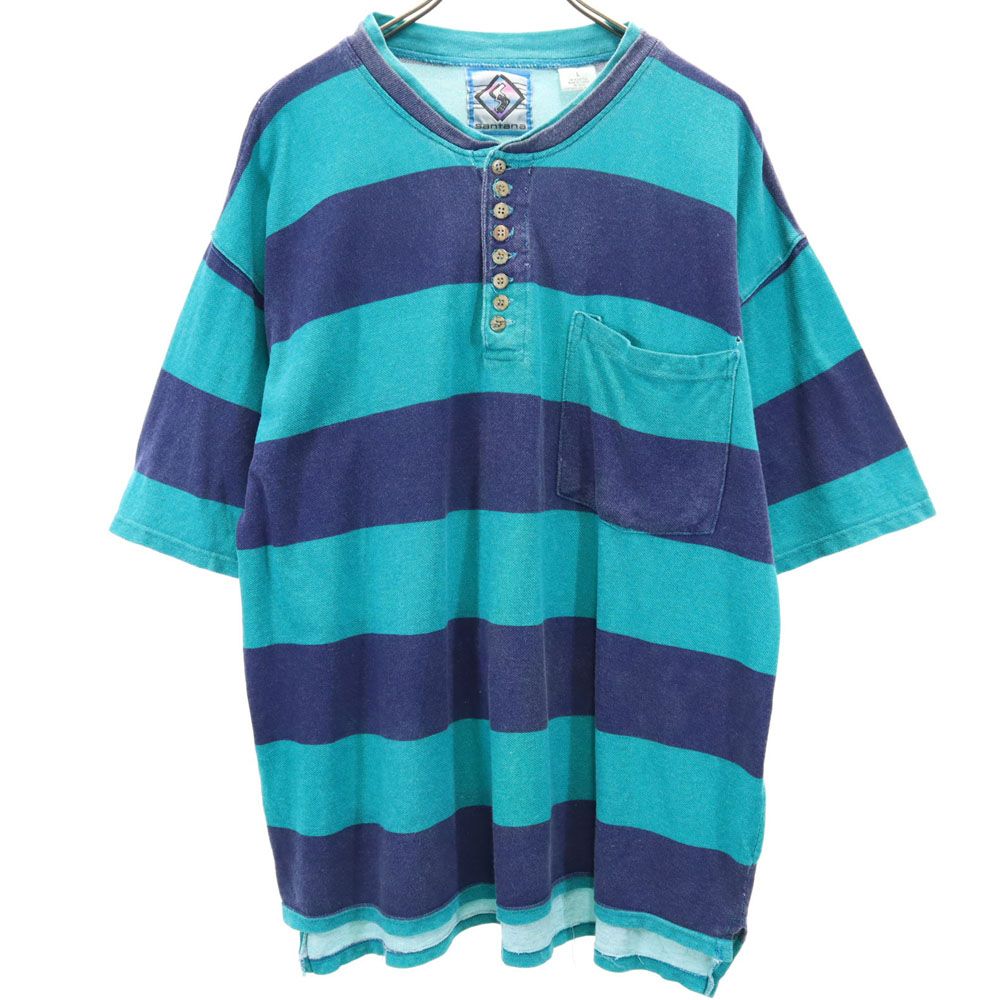 サンタナ 90s オールド ボーダー柄 半袖 ハーフボタン Tシャツ L グリーン×ネイビー SANTANA 鹿の子地 メンズ