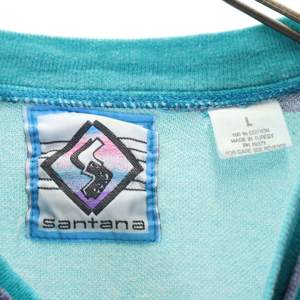 サンタナ 90s オールド ボーダー柄 半袖 ハーフボタン Tシャツ L グリーン×ネイビー SANTANA 鹿の子地 メンズ
