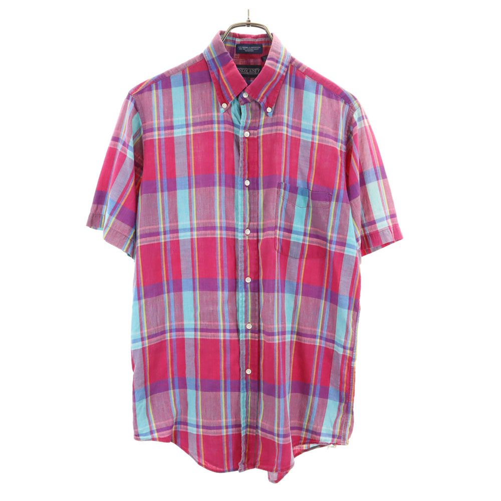 ランズエンド 90s USA製 オールド チェック柄 半袖 ボタンダウンシャツ M マゼンタ系 LANDS' END メンズ