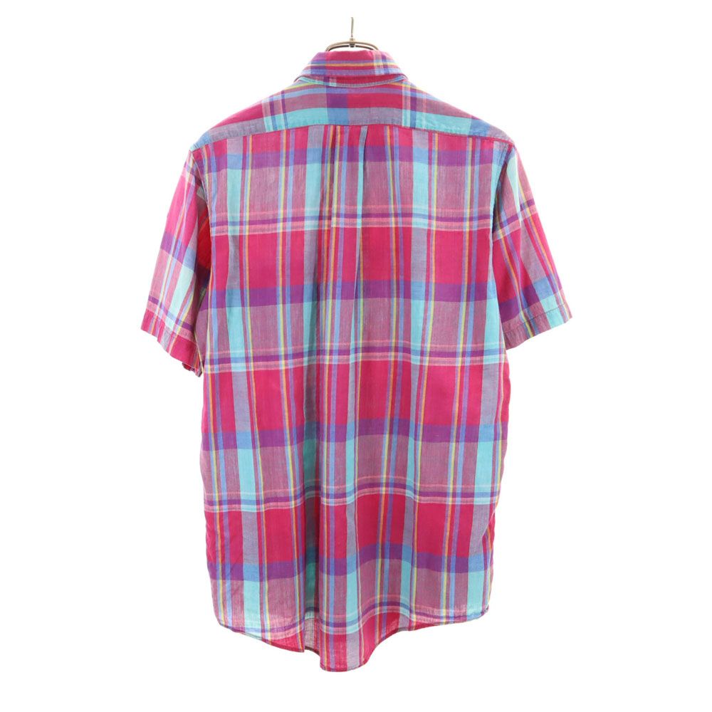 ランズエンド 90s USA製 オールド チェック柄 半袖 ボタンダウンシャツ M マゼンタ系 LANDS' END メンズ