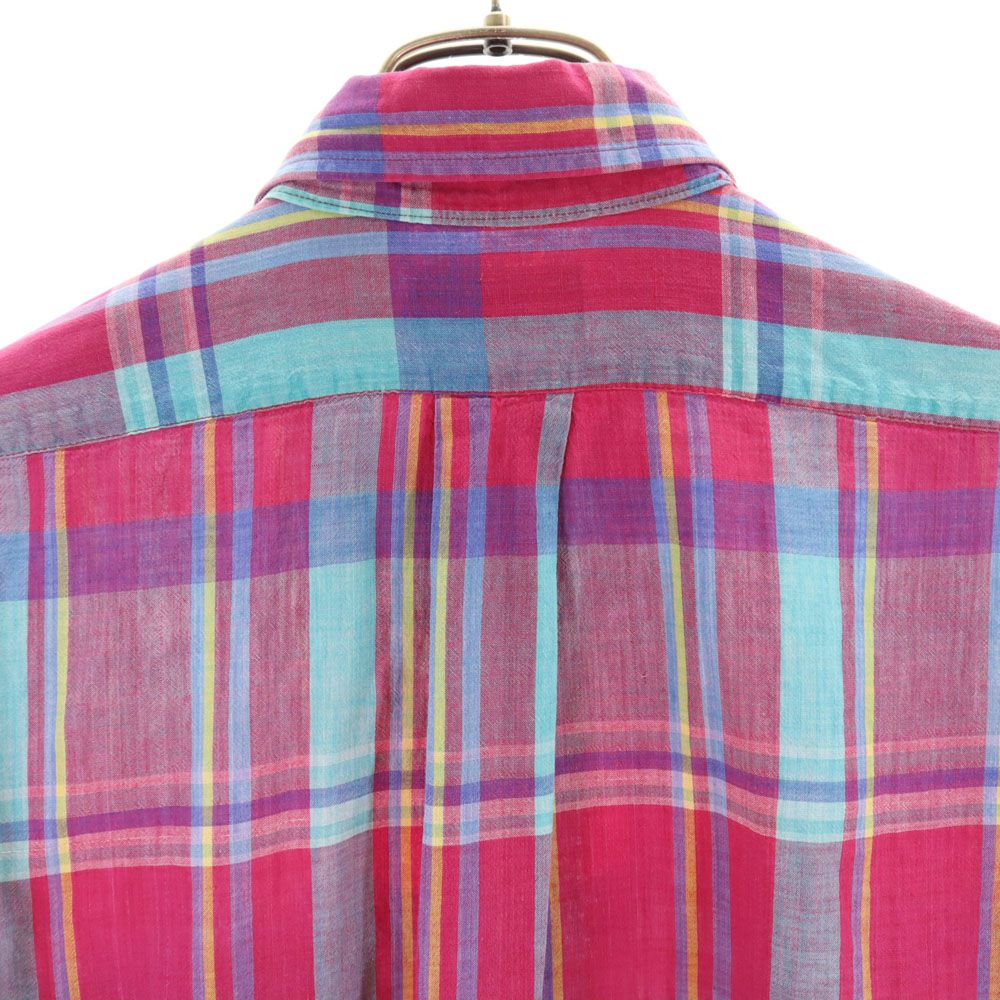 ランズエンド 90s USA製 オールド チェック柄 半袖 ボタンダウンシャツ M マゼンタ系 LANDS' END メンズ