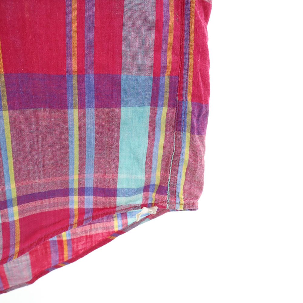 ランズエンド 90s USA製 オールド チェック柄 半袖 ボタンダウンシャツ M マゼンタ系 LANDS' END メンズ