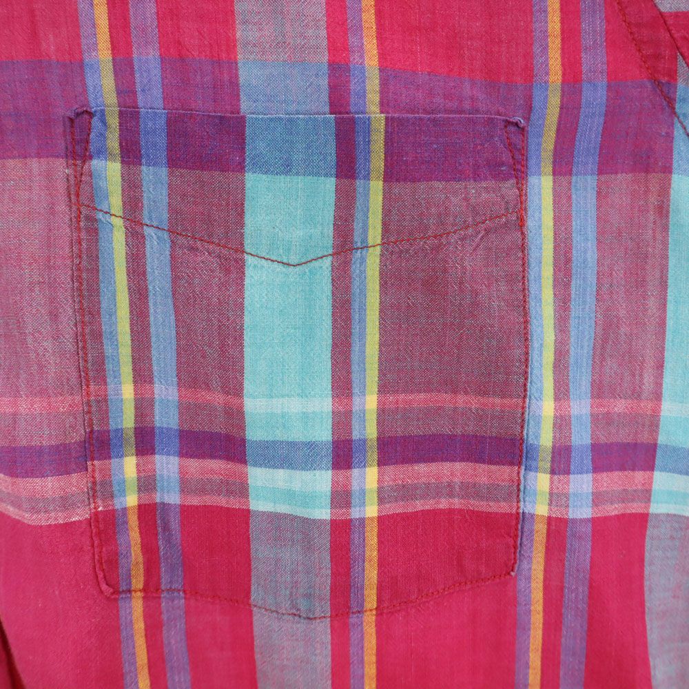 ランズエンド 90s USA製 オールド チェック柄 半袖 ボタンダウンシャツ M マゼンタ系 LANDS' END メンズ