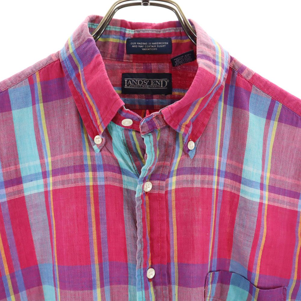 ランズエンド 90s USA製 オールド チェック柄 半袖 ボタンダウンシャツ M マゼンタ系 LANDS' END メンズ