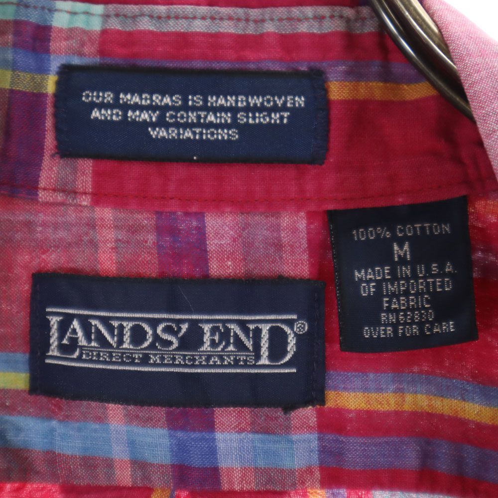 ランズエンド 90s USA製 オールド チェック柄 半袖 ボタンダウンシャツ M マゼンタ系 LANDS' END メンズ