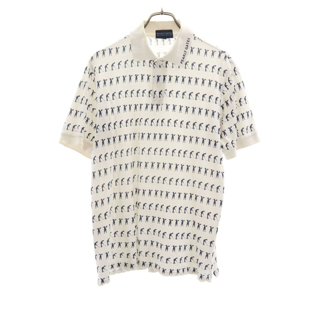 パーリーゲイツ　総柄　鹿の子　ポロシャツ　白 パーリーゲイツ 半袖 鹿の子 ポロシャツ 4 白 ロゴ 総柄 ゴルフウェア
