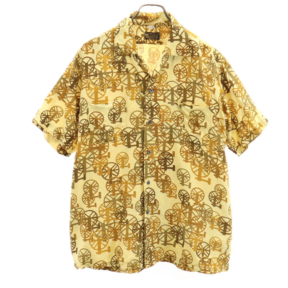 THAI SILK タイシルク 60s 70s シルク100% ヴィンテージ 総柄 半袖 オープンカラーシャツ M イエロー系 メンズ