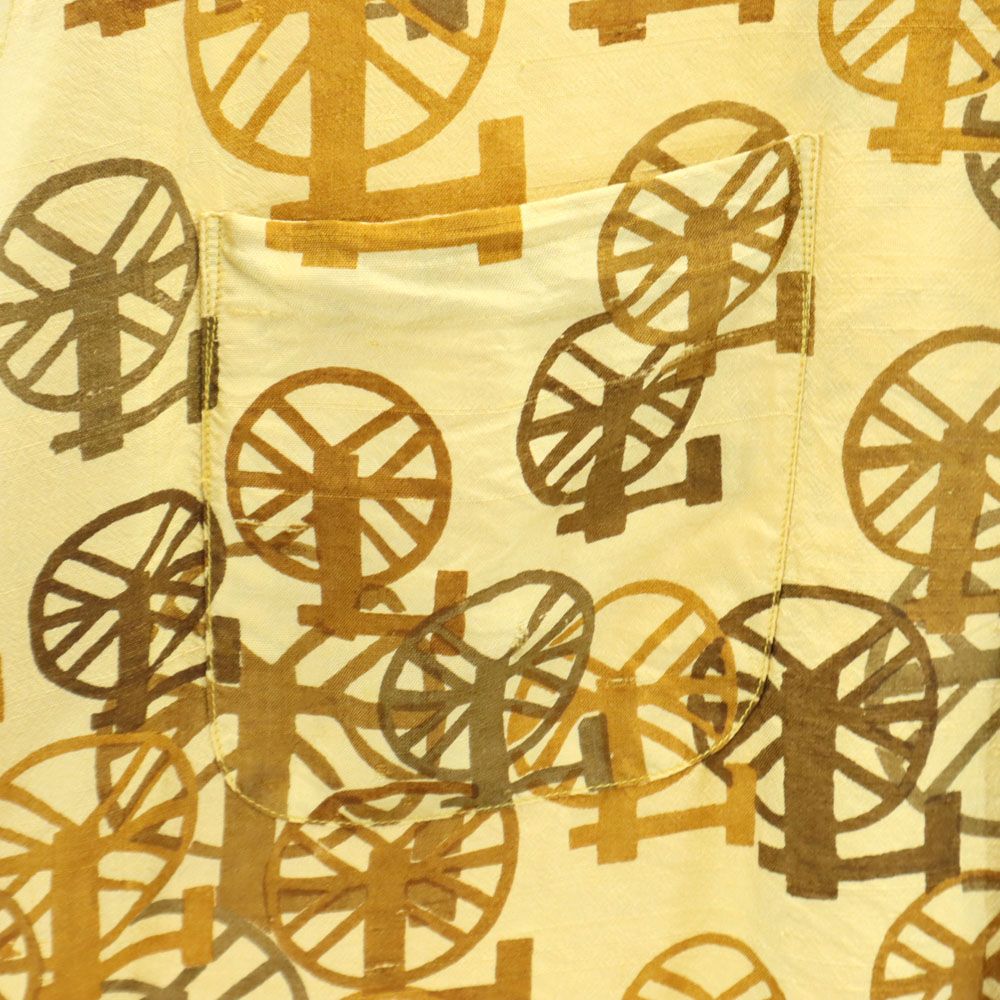 THAI SILK タイシルク 60s 70s シルク100% ヴィンテージ 総柄 半袖 オープンカラーシャツ M イエロー系 メンズ
