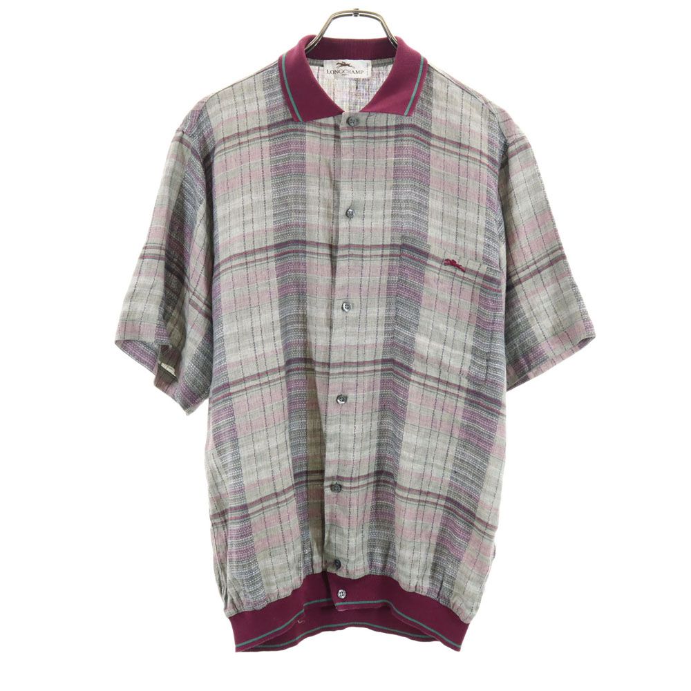 ロンシャン 70s 80s イタリア製 ヴィンテージ チェック柄 半袖 シャツジャケット 50 グレー系 Longchamp メンズ