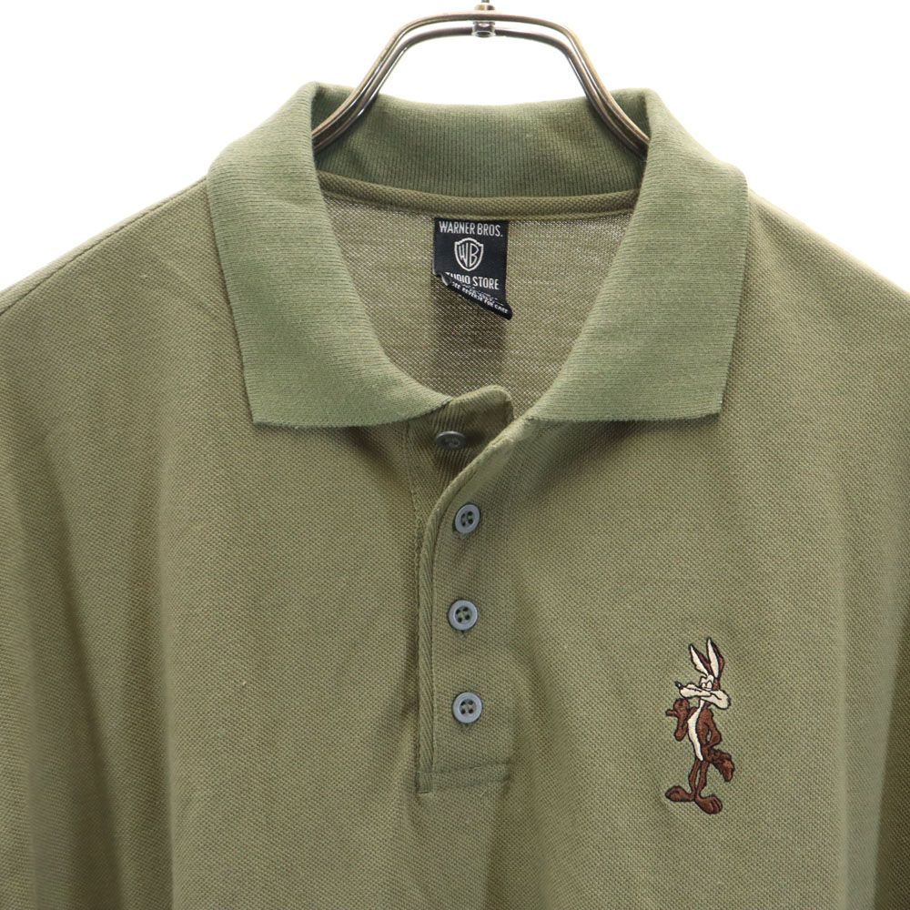 Warner Bros ワーナーブラザーズ 90s オールド 半袖 ポロシャツ M カーキ ルーニーテューンズ ワイリーコヨーテ 鹿の子地 メンズ
