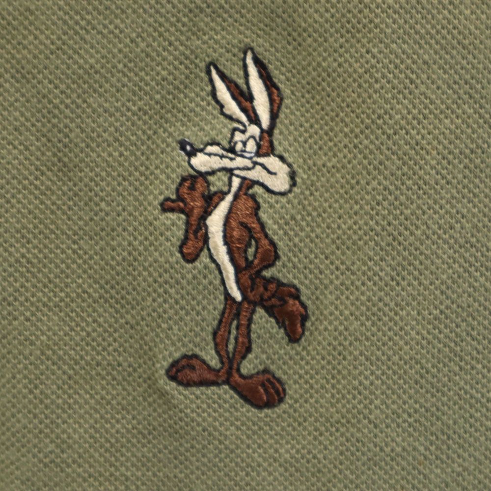 Warner Bros ワーナーブラザーズ 90s オールド 半袖 ポロシャツ M カーキ ルーニーテューンズ ワイリーコヨーテ 鹿の子地 メンズ