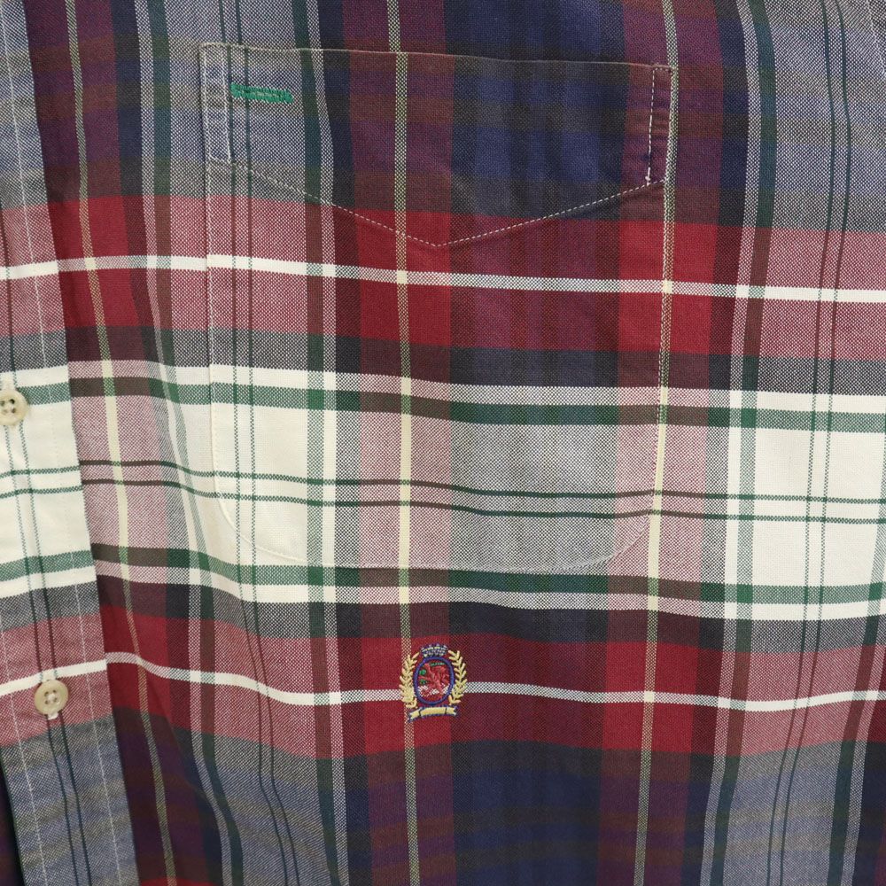 TOMMY HILFIGER トミーヒルフィガー 90s オールド フラッグタグ チェック 半袖 ボタンダウンシャツ XL レッド系 メンズ