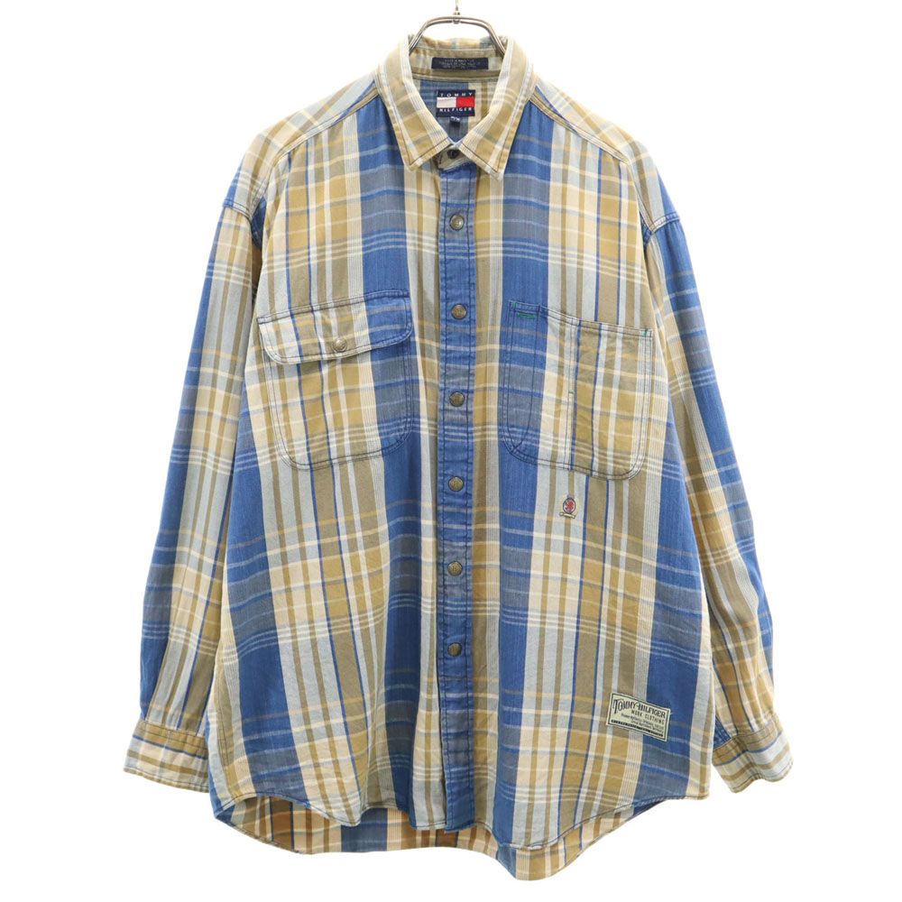 TOMMY HILFIGER トミーヒルフィガー 90s オールド フラッグタグ チェック柄 長袖 シャツ M ベージュ×ネイビー メンズ