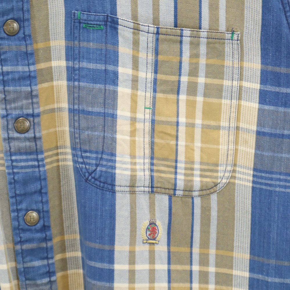 TOMMY HILFIGER トミーヒルフィガー 90s オールド フラッグタグ チェック柄 長袖 シャツ M ベージュ×ネイビー メンズ