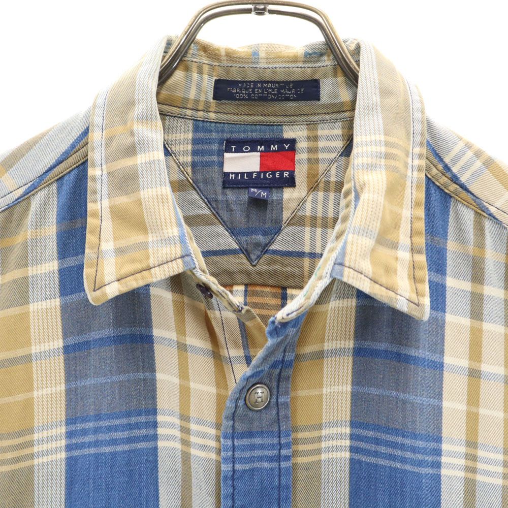 TOMMY HILFIGER トミーヒルフィガー 90s オールド フラッグタグ チェック柄 長袖 シャツ M ベージュ×ネイビー メンズ