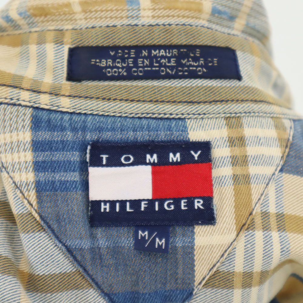 TOMMY HILFIGER トミーヒルフィガー 90s オールド フラッグタグ チェック柄 長袖 シャツ M ベージュ×ネイビー メンズ