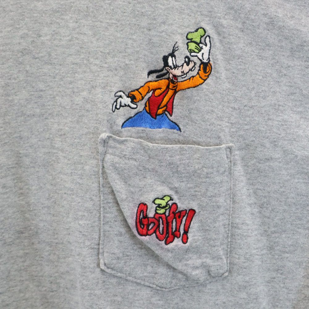 Disney ディズニー 90s USA製 オールド 刺繍 グーフィー 半袖 Tシャツ L/XL グレー ポケT メンズ