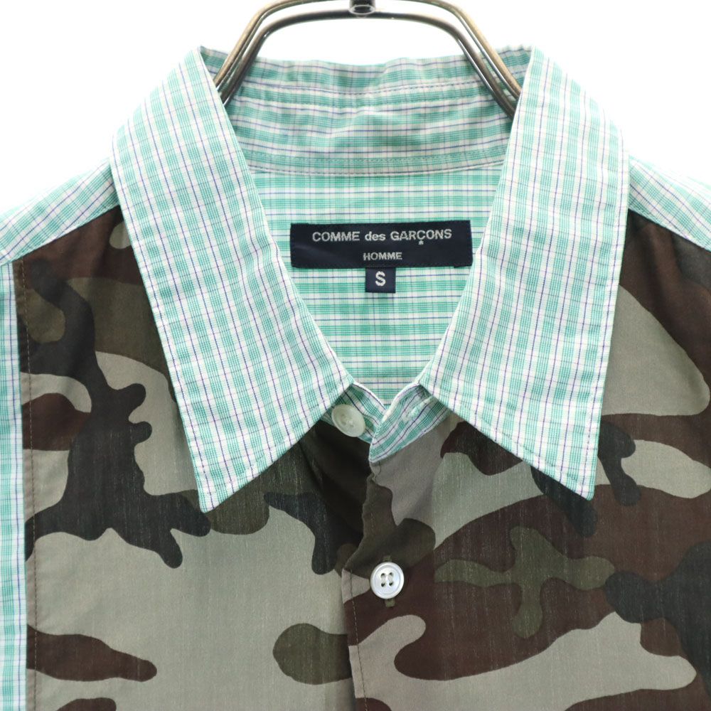 COMME des GARCONS HOMME コムデギャルソンオム 2011年 日本製 長袖 カモフラ柄切替 チェックシャツ S グリーン系 メンズ