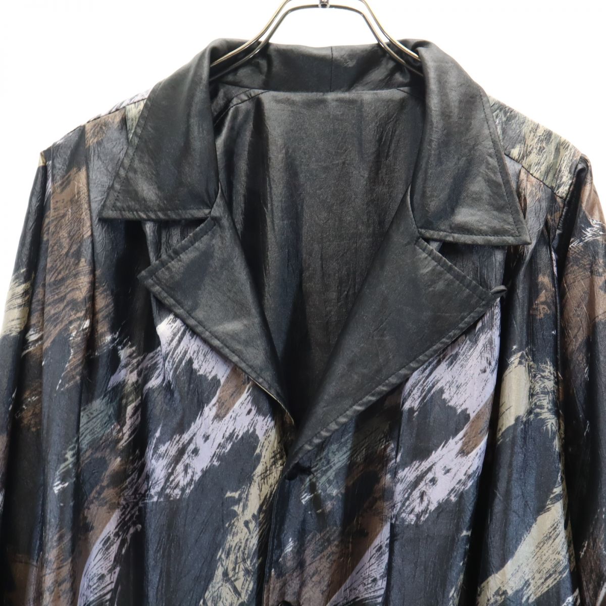 OLD オールド 日本製 デザイン 総柄 リバーシブル 開襟 コート M ブラック系 メンズ